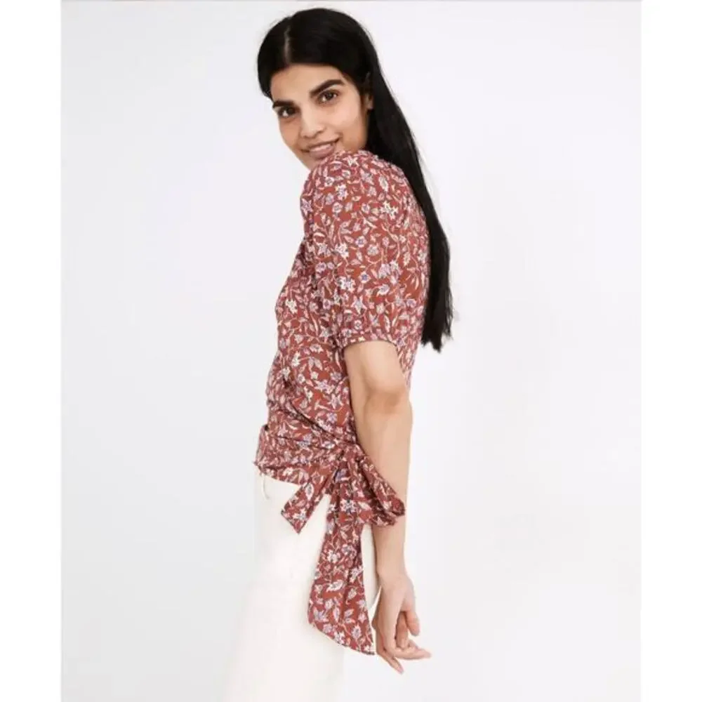 Madewell‎ Puff-Sleeve Wrap Crop Top in Batik Vine weathered brick